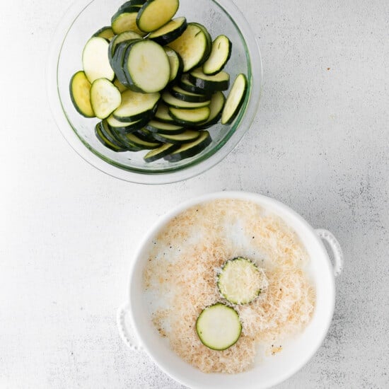 dredging zucchini in bowl.