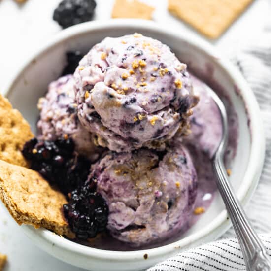 blackberry ice cream in bowl.