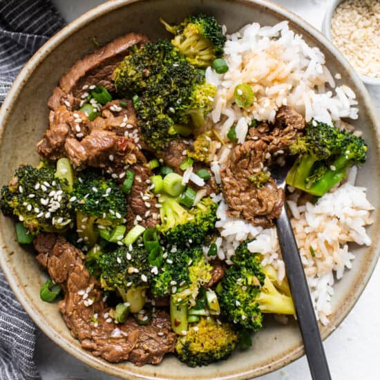 beef and broccoli in bowl.