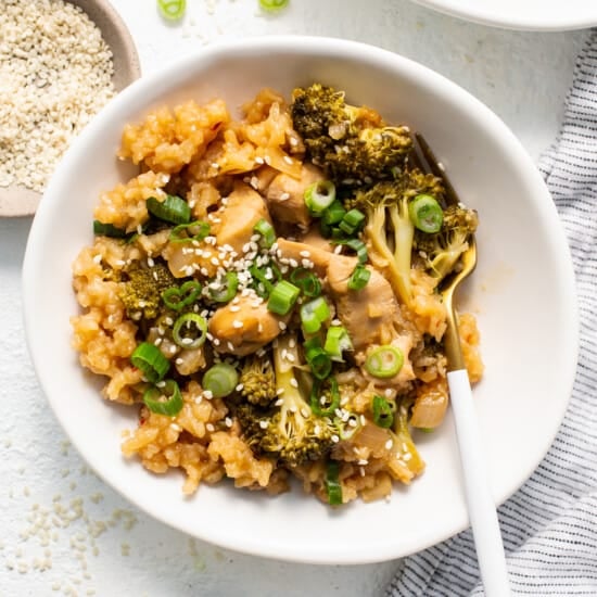 orange chicken casserole in bowl.