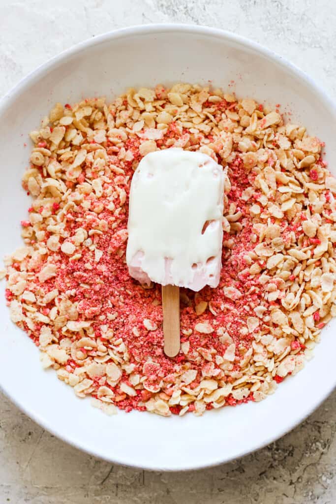 A bowl of granola with a popsicle on top.