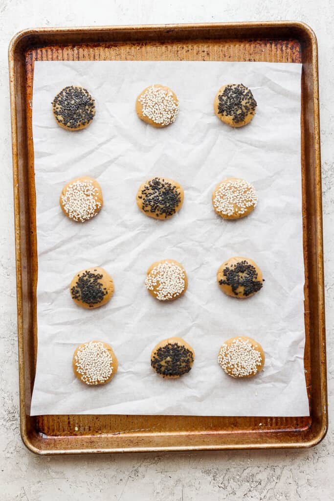 sesame sesame cookies on a baking sheet.