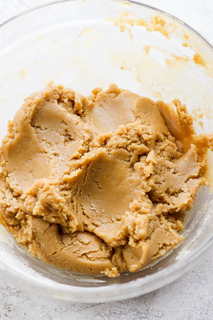 peanut butter in a glass bowl.