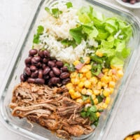 carnitas burrito bowl in meal prep container