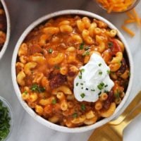 A scrumptious chili mac recipe with sour cream.