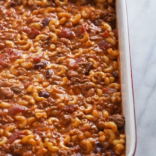 A delicious chili mac recipe served in a casserole dish.