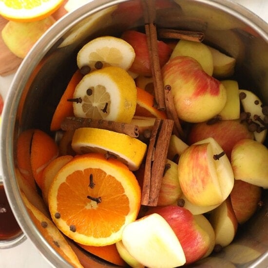 a homemade bowl of warm apple cider garnished with cinnamon.