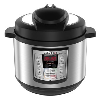 A vegan Instant Pot chili surrounded by an electric pressure cooker on a white background.