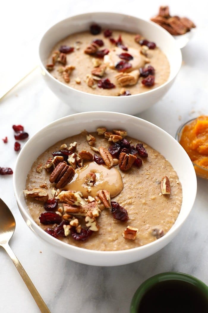 This Pumpkin Pie Slow Cooker Oatmeal is creamy as can be and full of flavor. It's made with steel cut oats, pumpkin puree, pumpkin spice, and a hint of maple. 