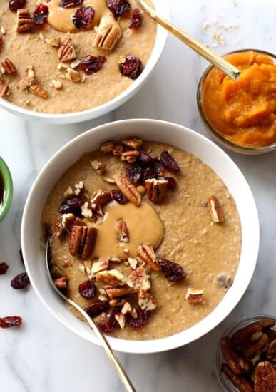 Pumpkin Pie Oatmeal with Cranberries and Pecans.