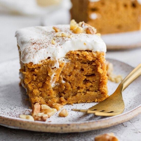 slice of pumpkin sheet cake on a plate