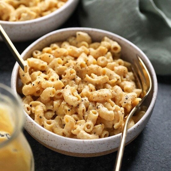 bowl of vegan mac and cheese ready to eat