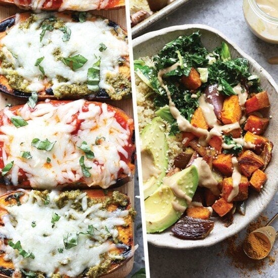 a collection of sweet potato recipes with different toppings in picture format.