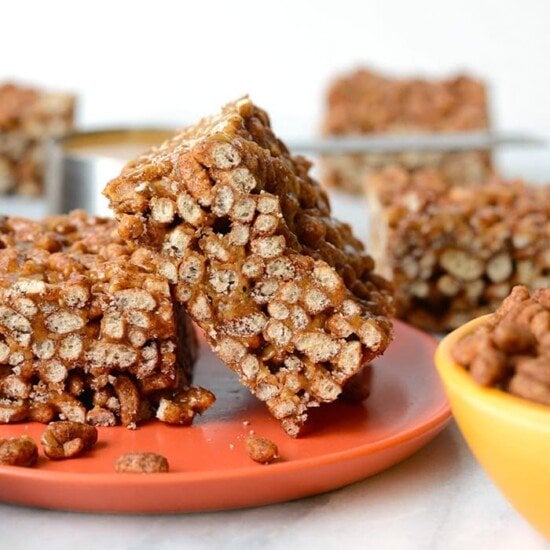 peanut butter granola bars on a brown rice crispy treat.