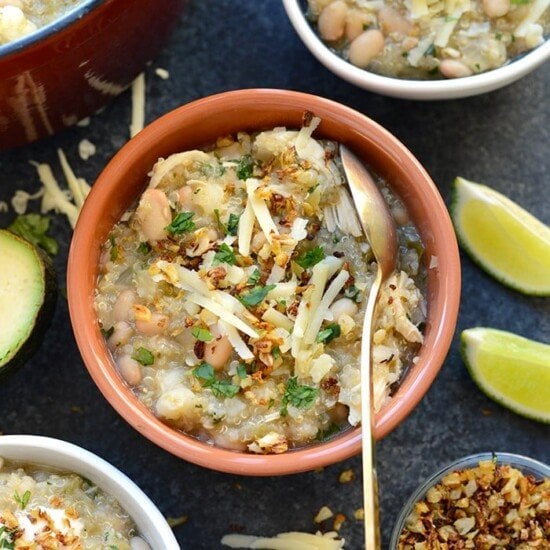 Four bowls of White Chicken Quinoa Chili.