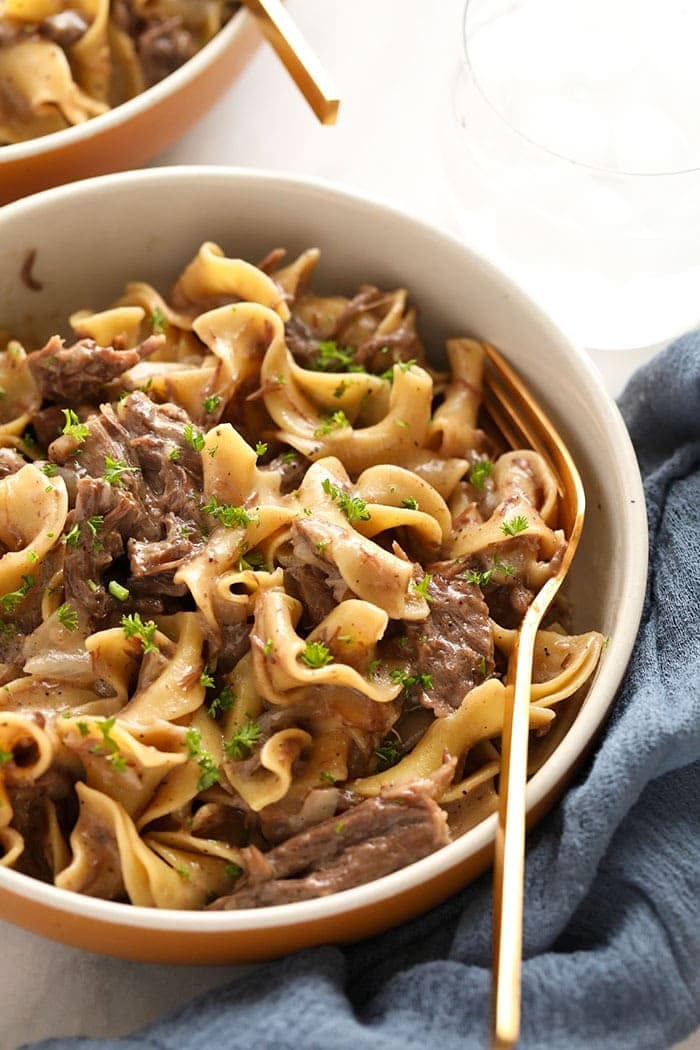 Instant pot beef stroganoff in a bowl.